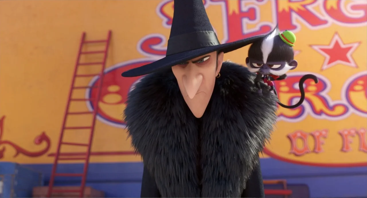 The Secret Life of Pets 2 (2019) movie still: medium — A tall man with a black hat and fur collar stands before a circus banner. A small animated…
