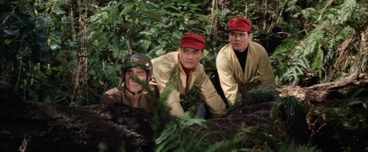 Destroy All Monsters (1968) movie still: medium — A dense, overgrown jungle setting with ferns and a large horizontal fallen log. Three soldiers in…