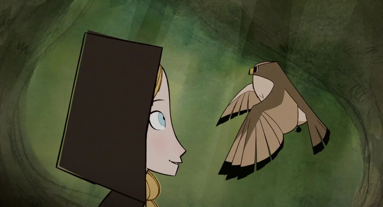 Wolfwalkers (2020) movie still: medium — A stylized woodland environment features soft-edged green textures and abstract shapes. A young girl in a…