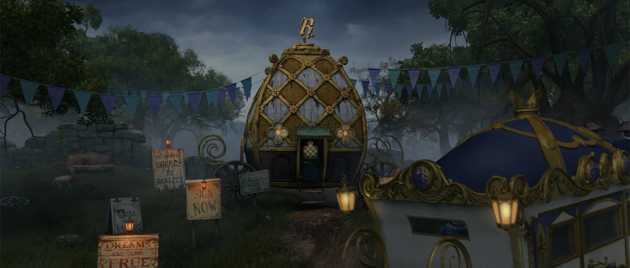 Shrek Forever After (2010) movie still: wide — A dark meadow features an ornate golden carriage and several wooden advertising signs. The area is…