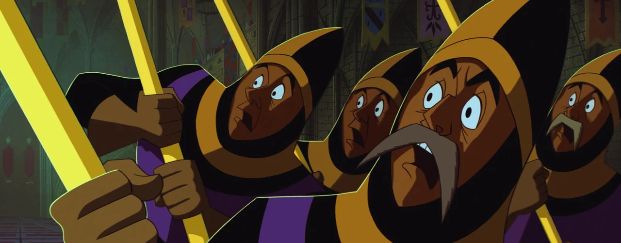Sleeping Beauty (1959) movie still: medium — A group of guards stand in a stone hallway decorated with colorful banners. They hold long spears while…