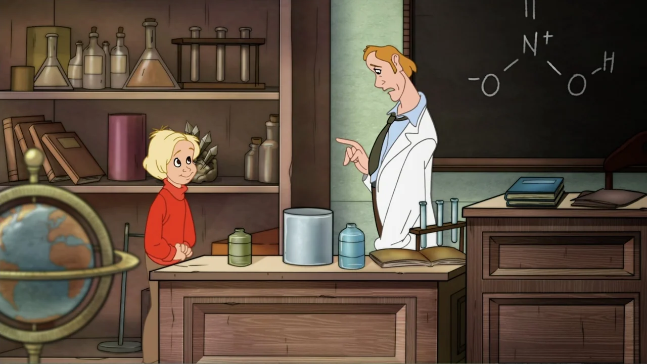 Tom and Jerry: Willy Wonka & the Chocolate Factory (2017) movie still: medium — A cluttered laboratory room contains wooden desks, shelves with…