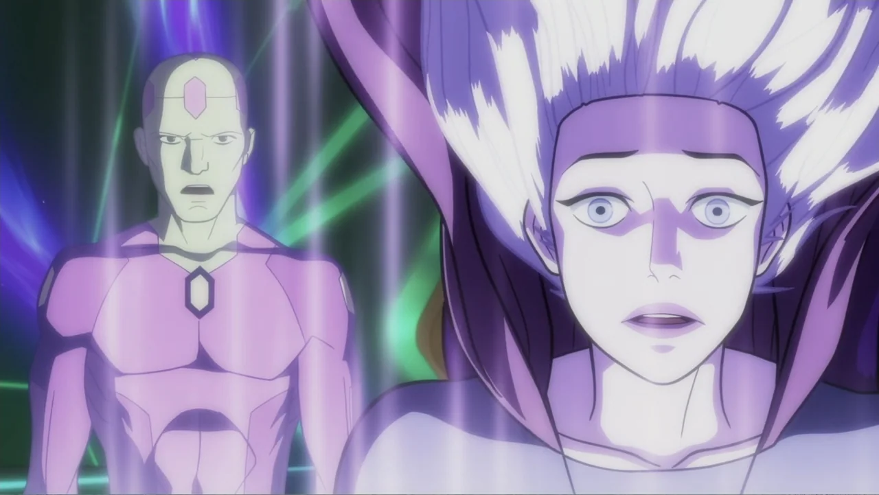 Legion of Super-Heroes (2023) movie still: medium — A field of vibrant purple light surrounds two figures against a dark background. The man stands…