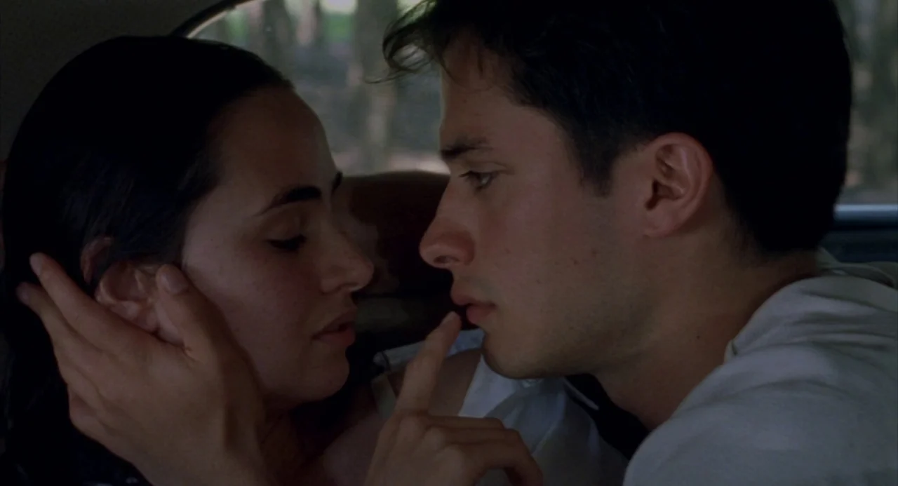 The Motorcycle Diaries (2004) movie still: closeup — The interior of a vehicle with dark surfaces visible. A man reaches toward a woman, touching…
