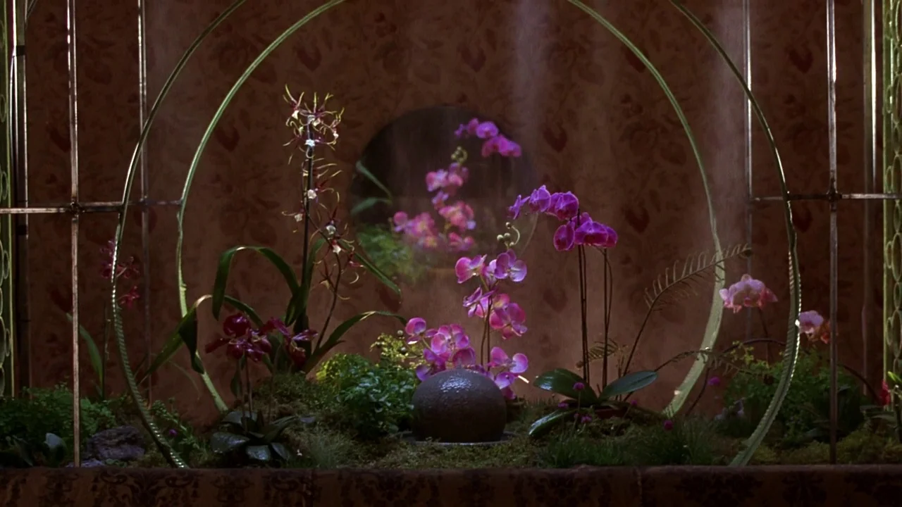 Secretary movie still: medium — An indoor terrarium features purple orchids and green foliage housed behind curved glass frames. Patterned brown…