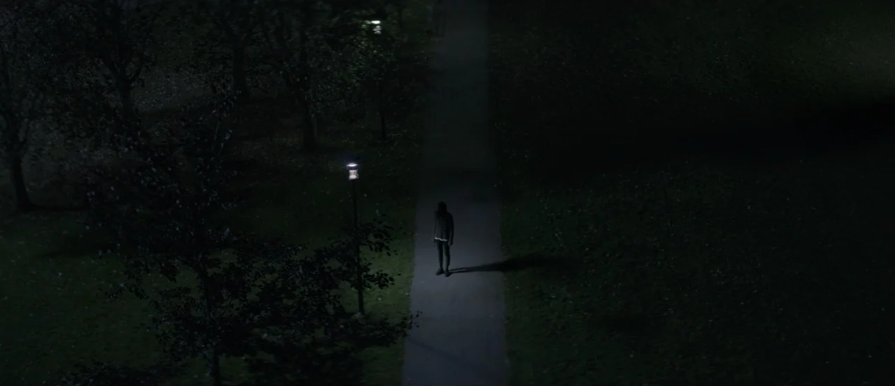Thelma (2017) movie still: wide — A dark paved path cuts through a grassy area surrounded by silhouetted trees at night. A solitary person stands…