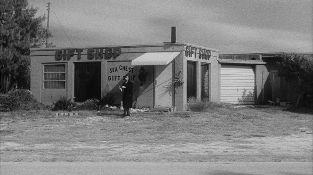 Stranger Than Paradise (1984) movie still: wide — A single-story commercial building with signage reading Sea Chest Gift Shop stands on grass. A…