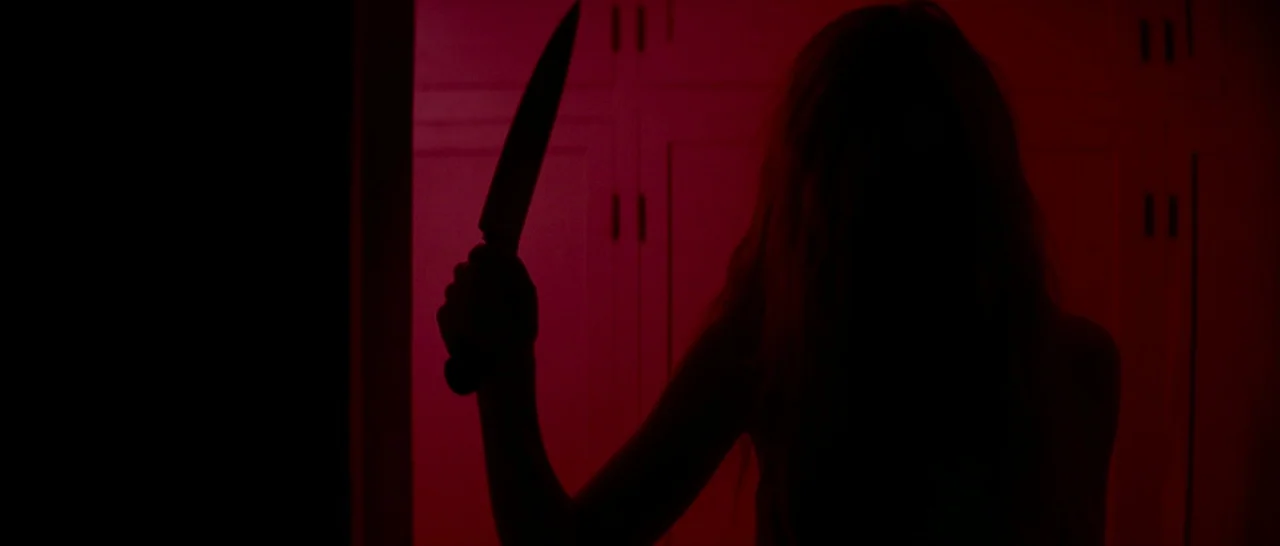 The Neon Demon (2016) movie still: medium — A silhouette stands before a wall of closed wooden cabinetry. The figure holds a sharp knife raised in…