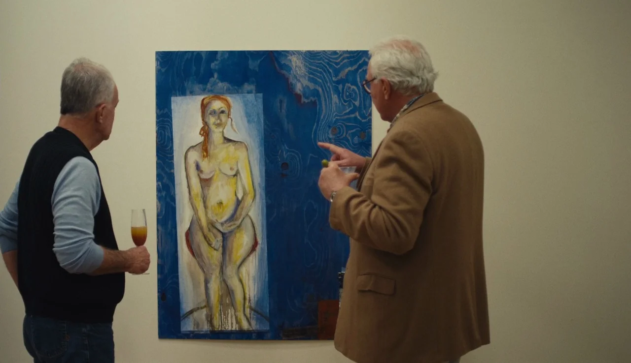 Land Ho! (2014) movie still: medium — An interior wall of a white art gallery features a large abstract painting. Two elderly men stand in front of…