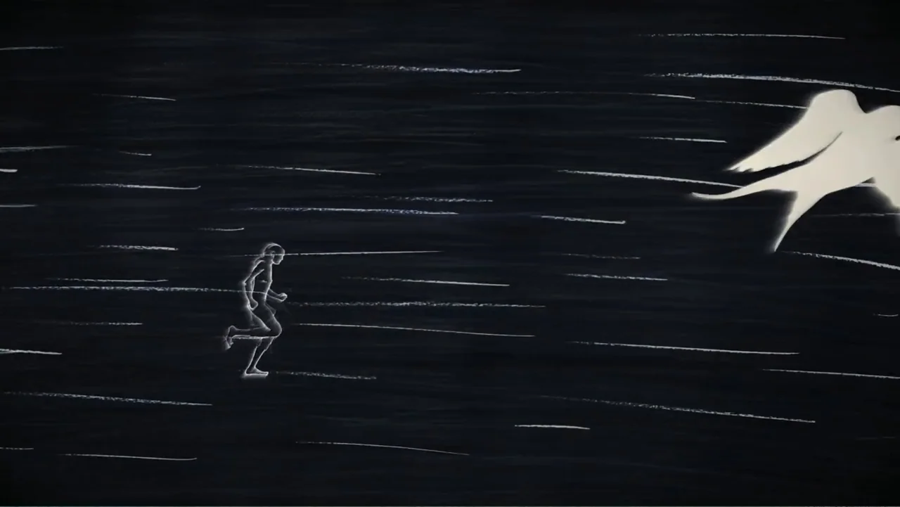 Inland Empire (2006) movie still: wide — A dark empty void contains only simple white line-art figures against a black background. A human figure in…
