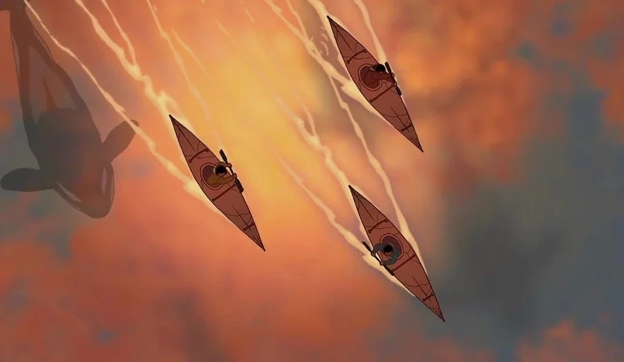 Brother Bear (2003) movie still: wide — Three individuals paddle kayaks across the surface of the calm water. A large whale swims submerged beneath…