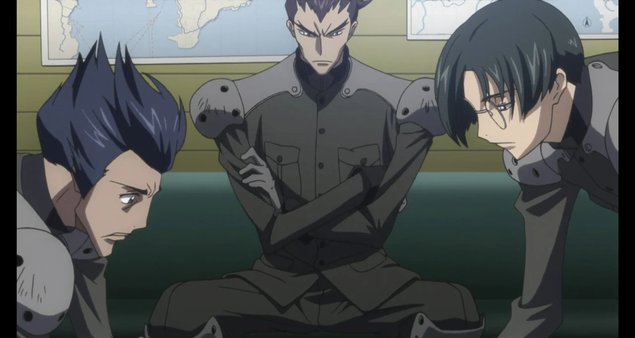 Code Geass: Lelouch of the Rebellion III - Glorification (2018) movie still: medium — A spartan military room features a wall-mounted map and green…