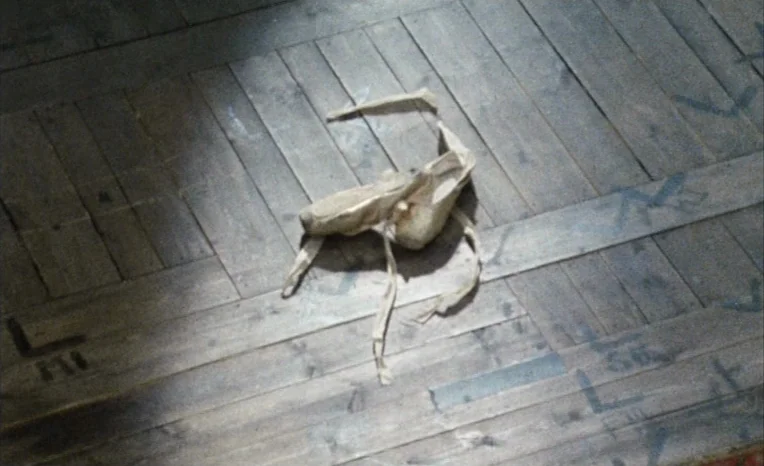 After The Rehearsal (1984) movie still: closeup — A pair of worn ballet pointe shoes sits on a weathered wooden dance floor. The floorboards are…