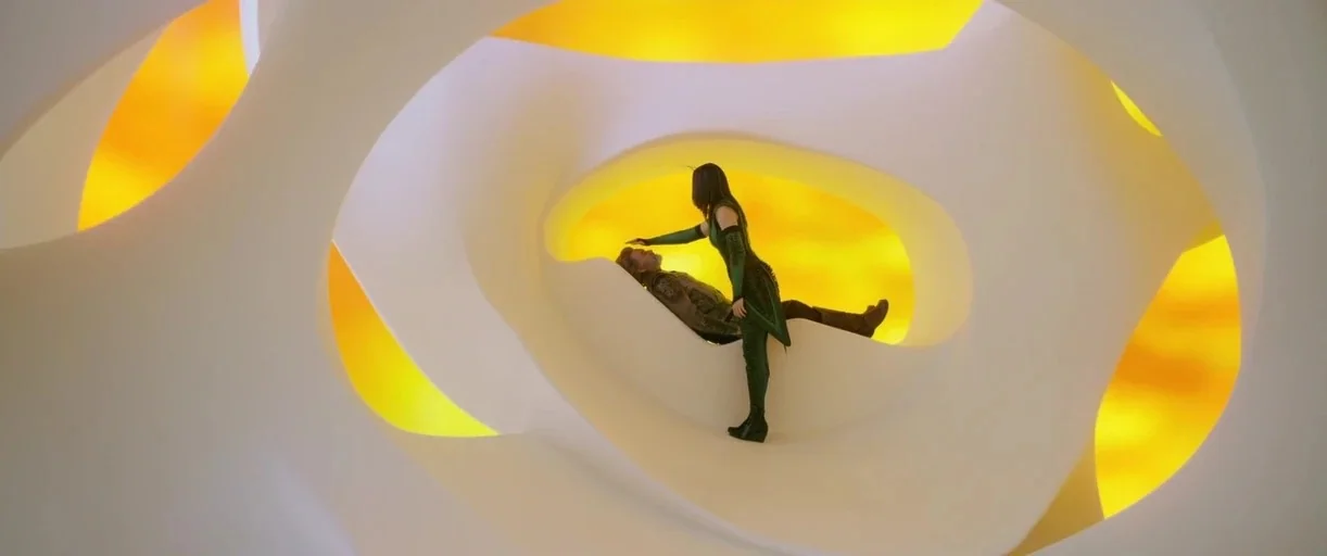 Guardians of the Galaxy Vol. 2 (2017) movie still: wide — A white organic structure with curved surfaces is backlit by intense glowing yellow light.…