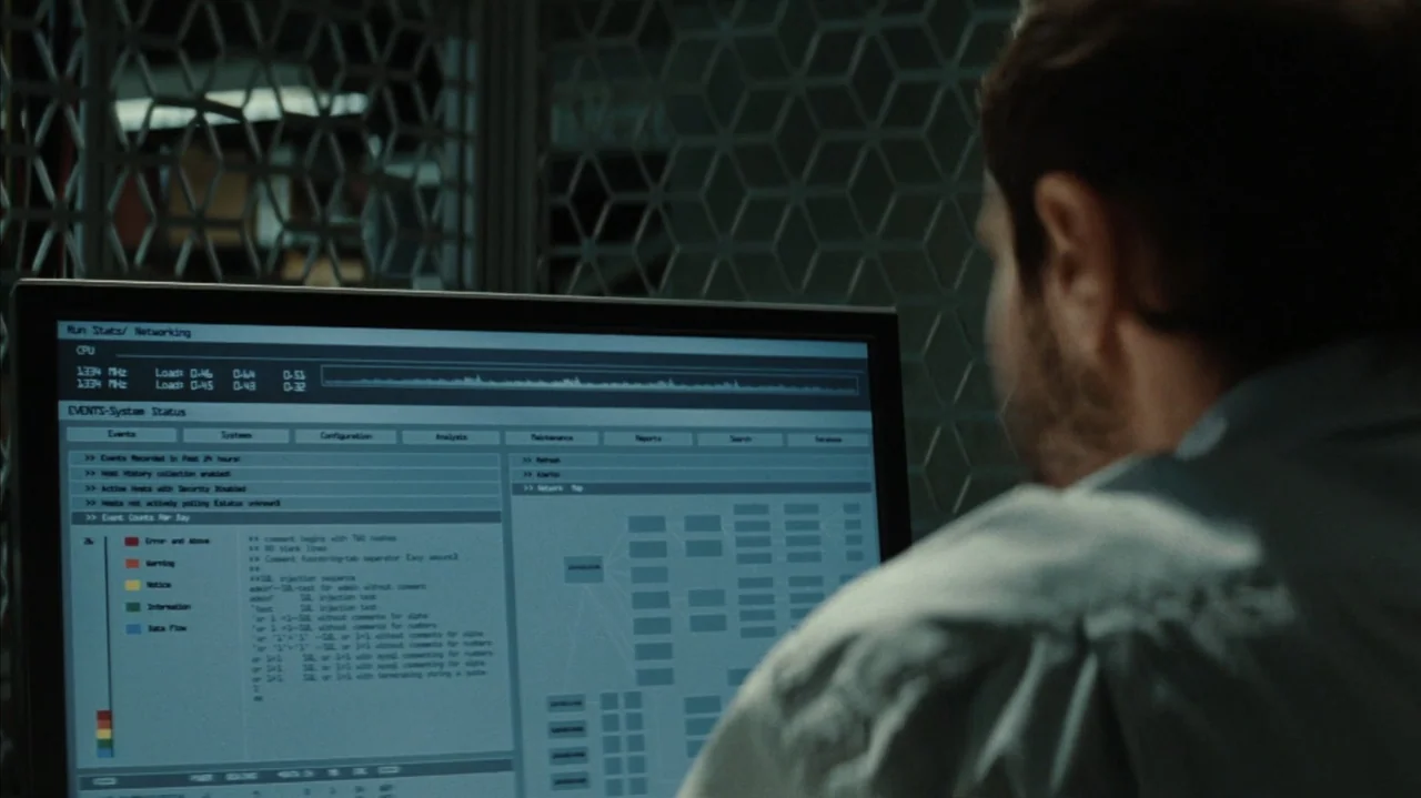 Duplicity (2009) movie still: medium — A server room features a metal lattice wall structure behind a workstation terminal. A man faces away from…
