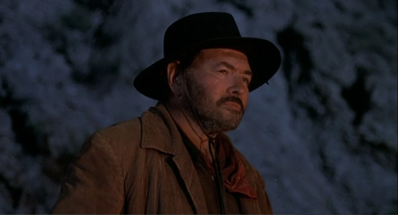 Chato's Land (1972) movie still: medium — A man stands outdoors at night near a dark rock wall. He gazes off-screen while illuminated by a nearby…