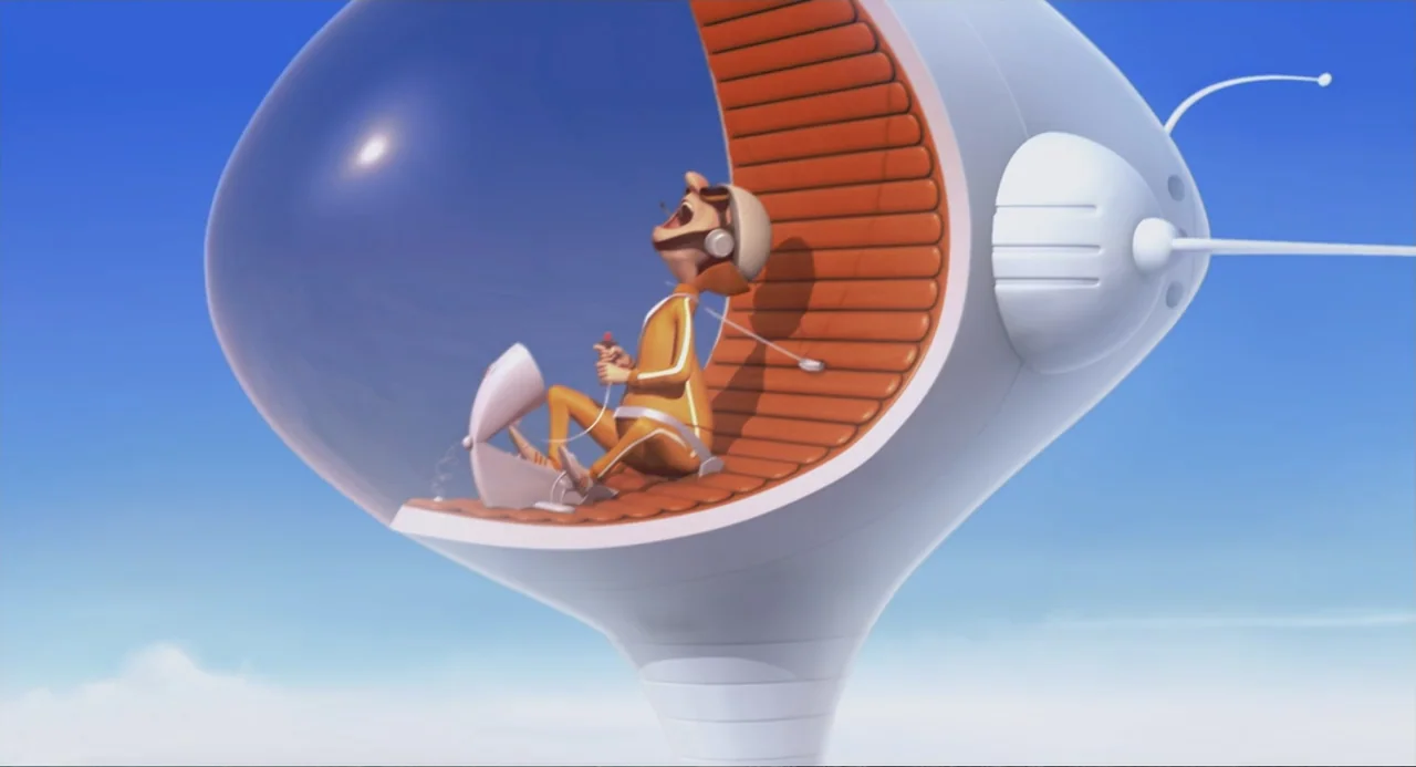 Despicable Me (2010) movie still: medium — A sleek white pod-like vehicle hangs in a clear blue sky. A man sits inside the glass cockpit wearing a…