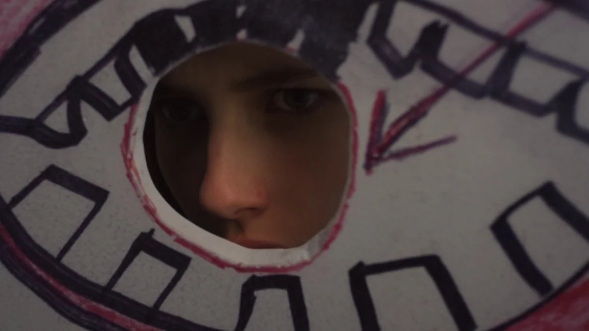 Adult World (2013) movie still: closeup — A person looks through a circular hole cut in a piece of white paper. The paper is covered in crude,…