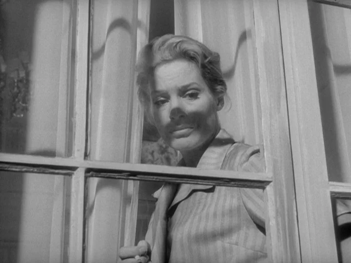 The Silence (1963) movie still: closeup — A woman stares through the glass panes of a large multi-section window. The window frame casts sharp…