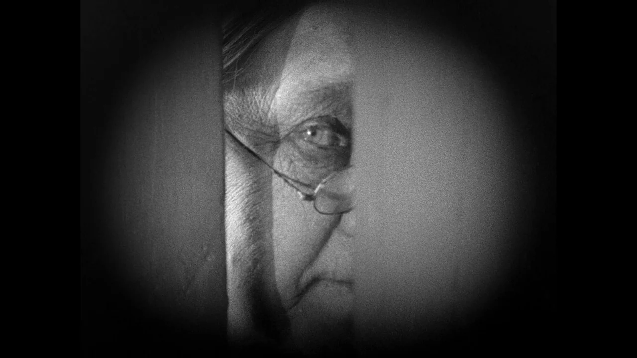 Master of the House (1925) movie still: closeup — An elderly man peers through a narrow vertical gap in a dark environment. Only his eye and the…