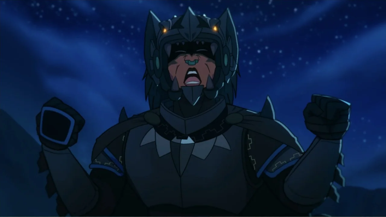 Aztec Batman: Clash of Empires (2025) movie still: medium — A dark night landscape featuring a starlit blue sky behind an armored warrior. An…