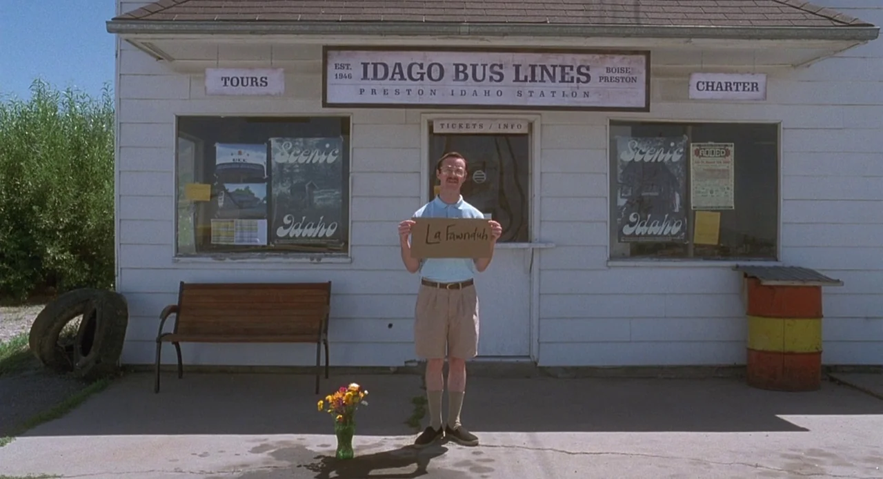 Napoleon Dynamite (2004) movie still: fullbody — A modest white-sided bus station building sits under a bright blue sky. A man stands perfectly…