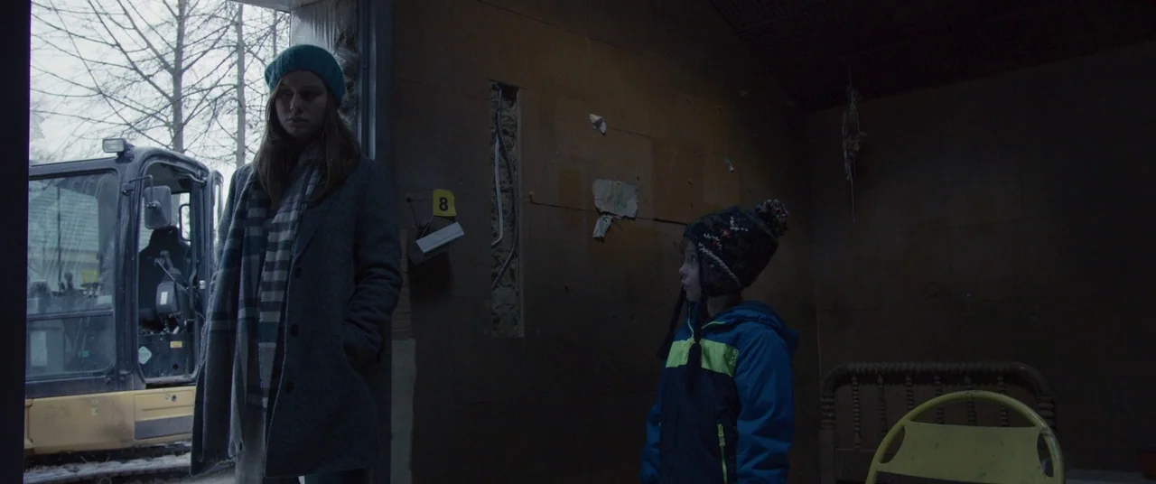Room (2015) movie still: medium — An unfinished room with brown wall paneling has an open door showing grey trees. A young woman and a child stand…