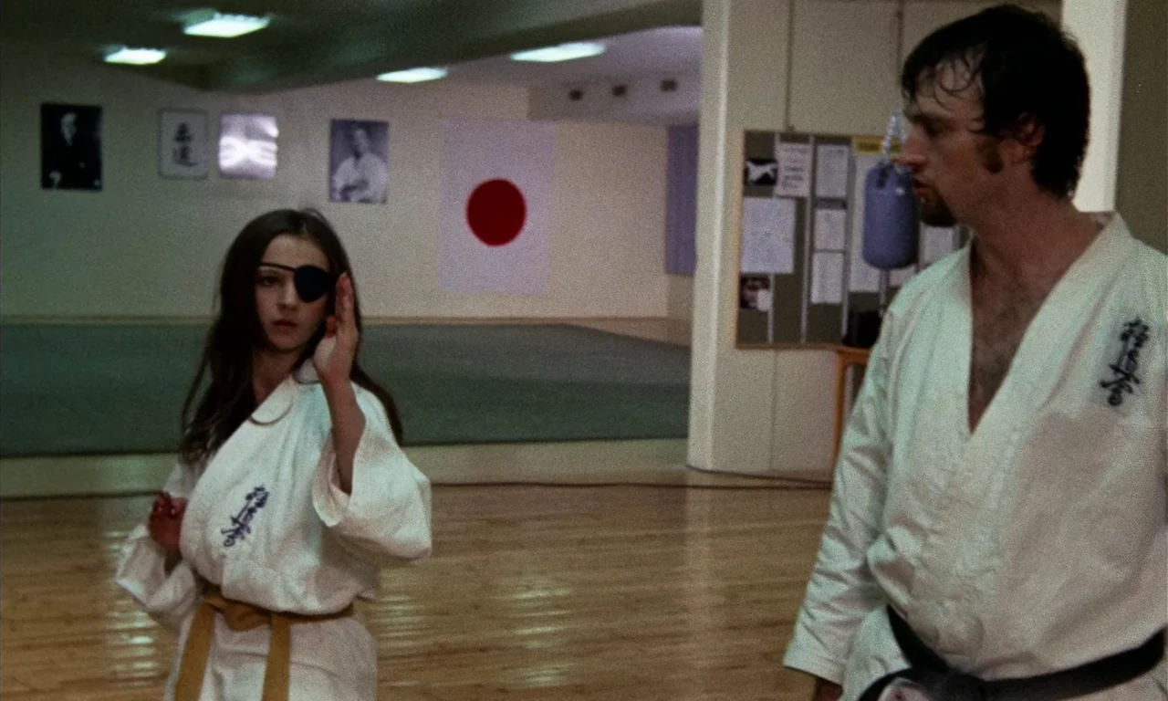 Thriller: A Cruel Picture (1973) movie still: medium — A wooden-floored training hall features a large red-circle Japanese flag on the back wall. A…