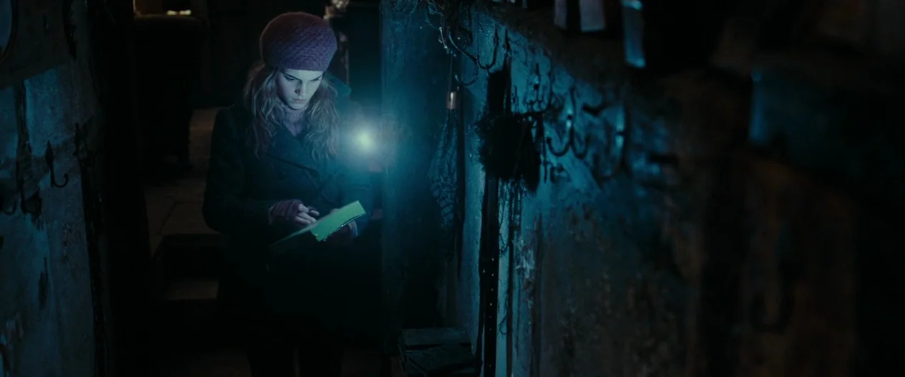 Harry Potter & The Deathly Hallows Part 1 (2010) movie still: medium — A narrow, dark interior hallway with textured walls and hanging wall hooks. A…