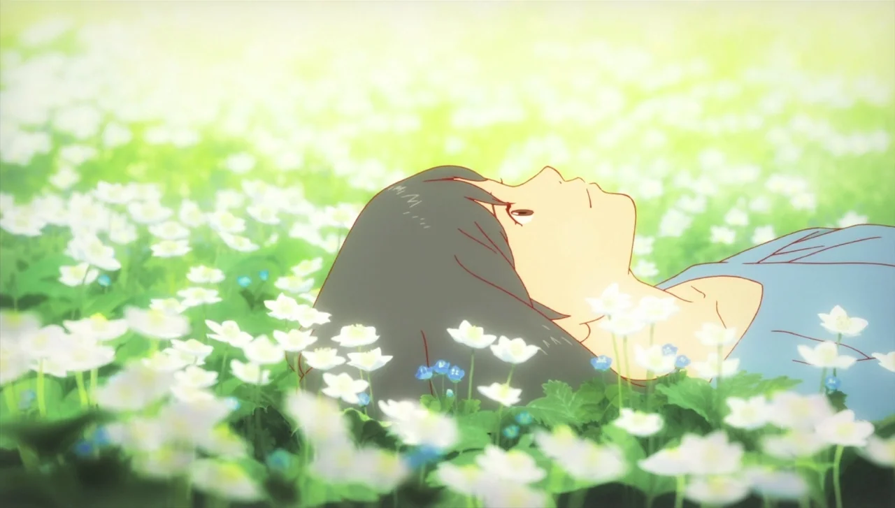 Wolf Children (2012) movie still: medium — A field of white flowers stretches out under a bright, diffused sky. A young woman with dark hair lies…