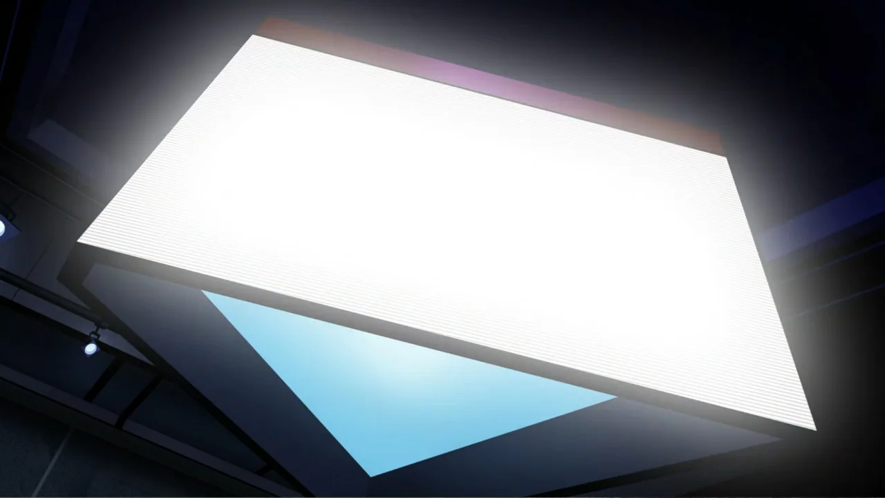 Scooby-Doo! and the Gourmet Ghost (2018) movie still: establishing — A large, rectangular ceiling light fixture glows intensely against a dark,…
