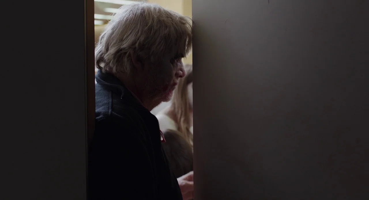 Toni Erdmann (2016) movie still: medium — An older man stands partially obscured by a partially closed doorframe in a hallway. He looks through the…