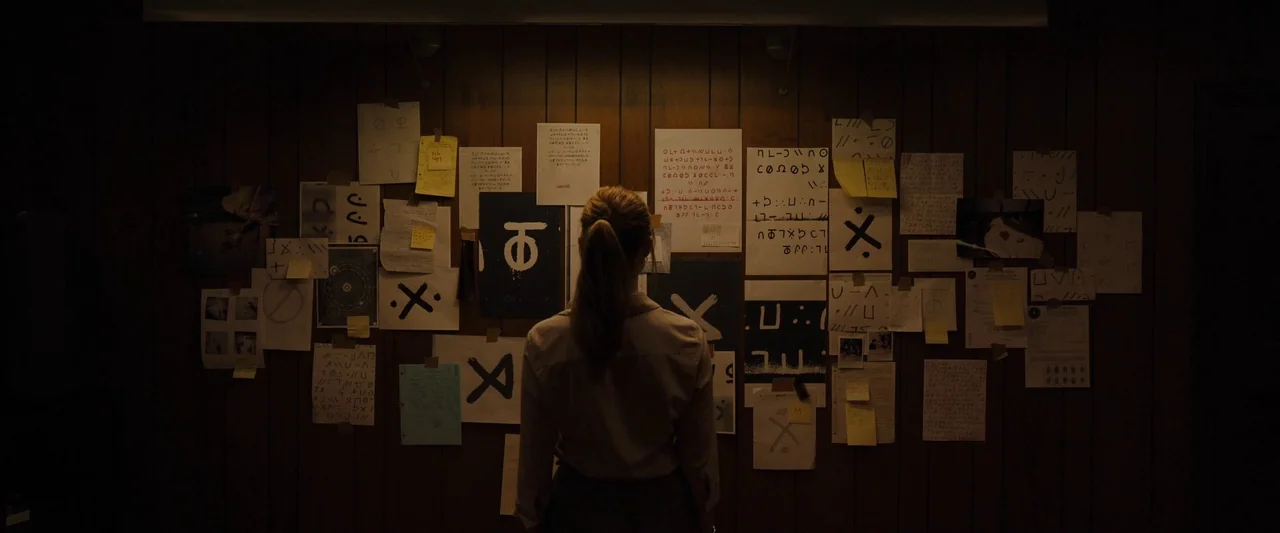 Longlegs (2024) movie still: medium — A dark wooden wall covered in various handwritten notes and abstract symbols on paper. A woman stands in front…