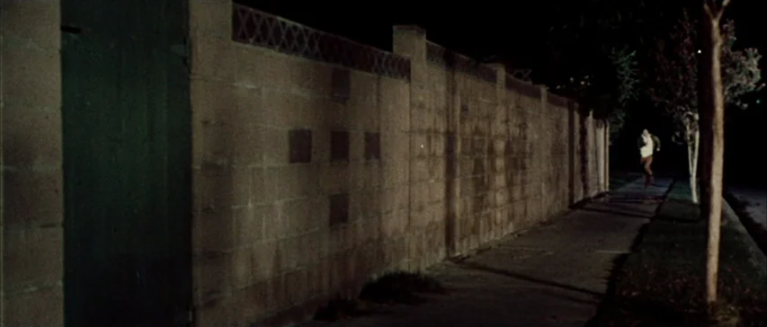 Messiah of Evil (1973) movie still: wide — A long concrete block wall stretches along a dark sidewalk at night. A lone figure in a white shirt jogs…