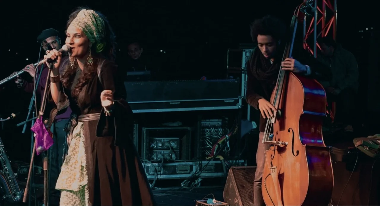 Cairo Jazzman (2017) movie still: medium — A live concert stage at night with performers backlit by electronic equipment. A woman sings into a…
