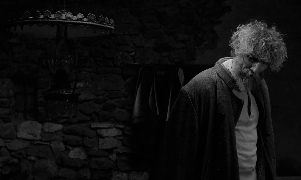 The Turin Horse (2011) movie still: medium — A dimly lit room features a rugged wall constructed from stacked uneven river stones. An elderly man…