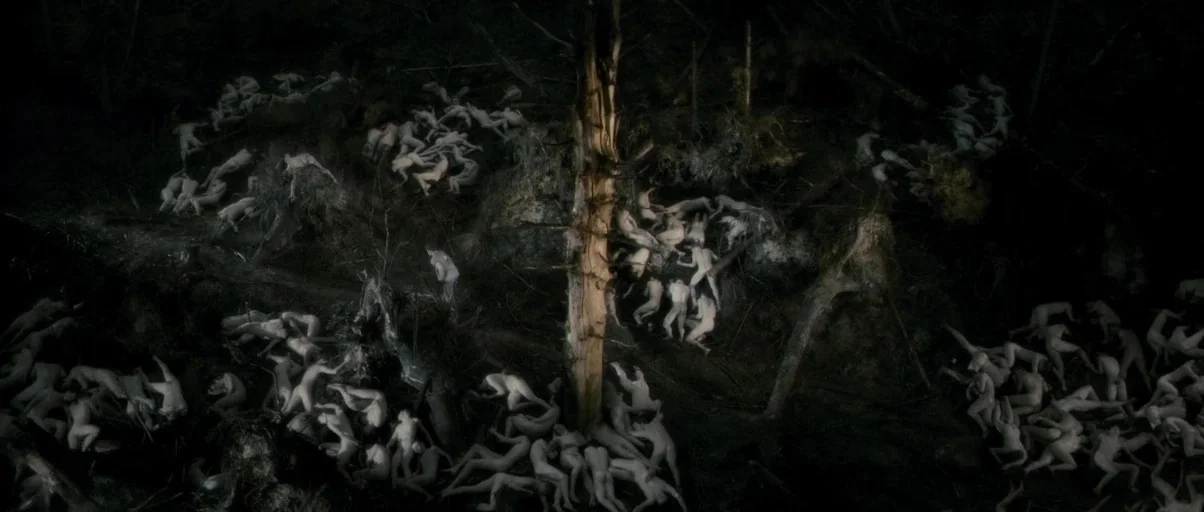 Antichrist (2009) movie still: wide — A dark, uneven forest floor is covered in clusters of pale, nude figures. The scene is dominated by a central…
