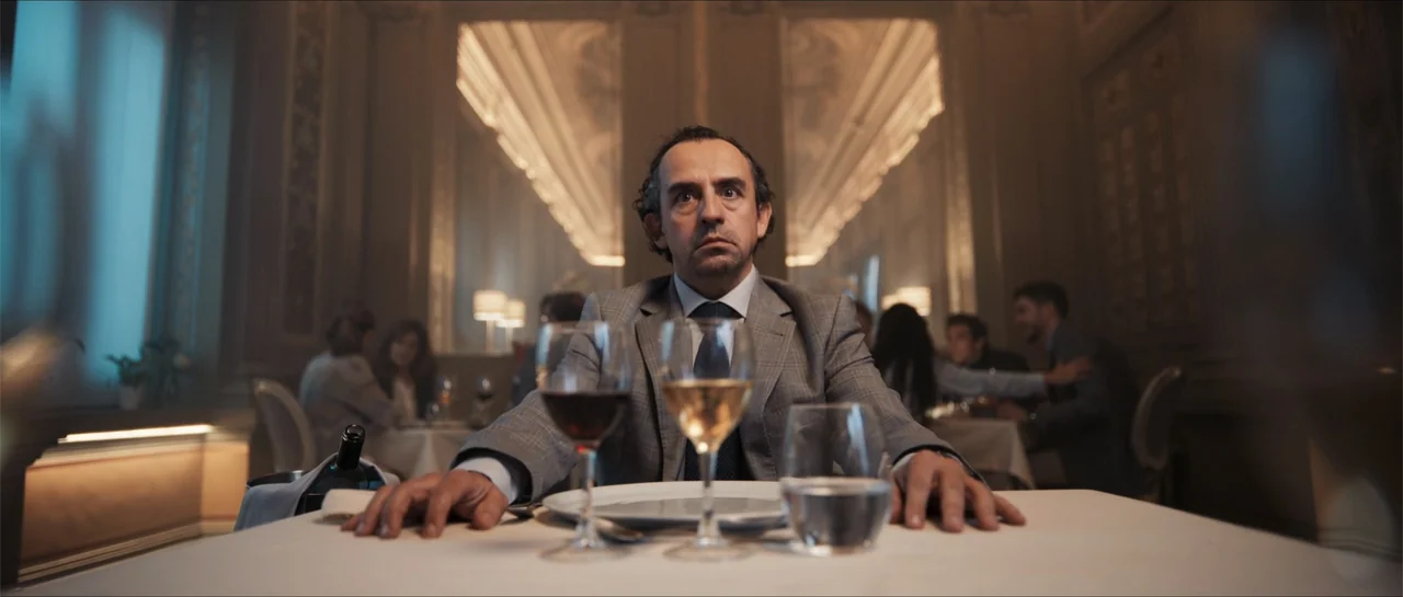 Historias lamentables (2021) movie still: medium — An upscale dining room features symmetrical architectural columns and patrons at distant tables.…