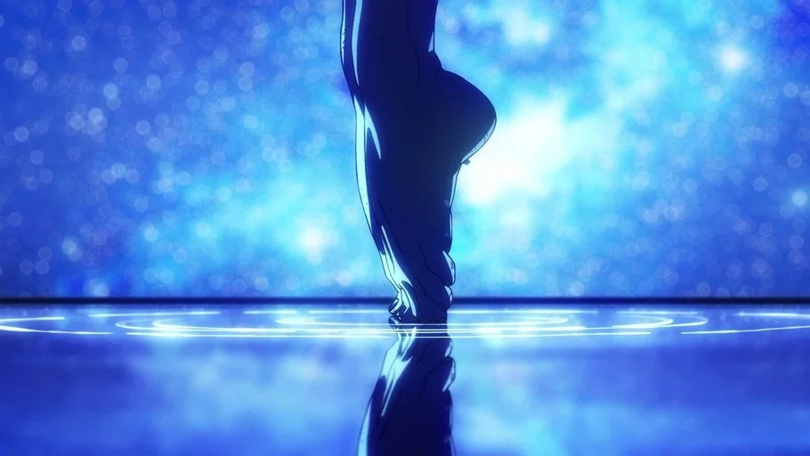 Dan Da Dan: First Encounter (2024) movie still: closeup — A silhouette of a foot touches a calm, reflective water surface. The background features a…