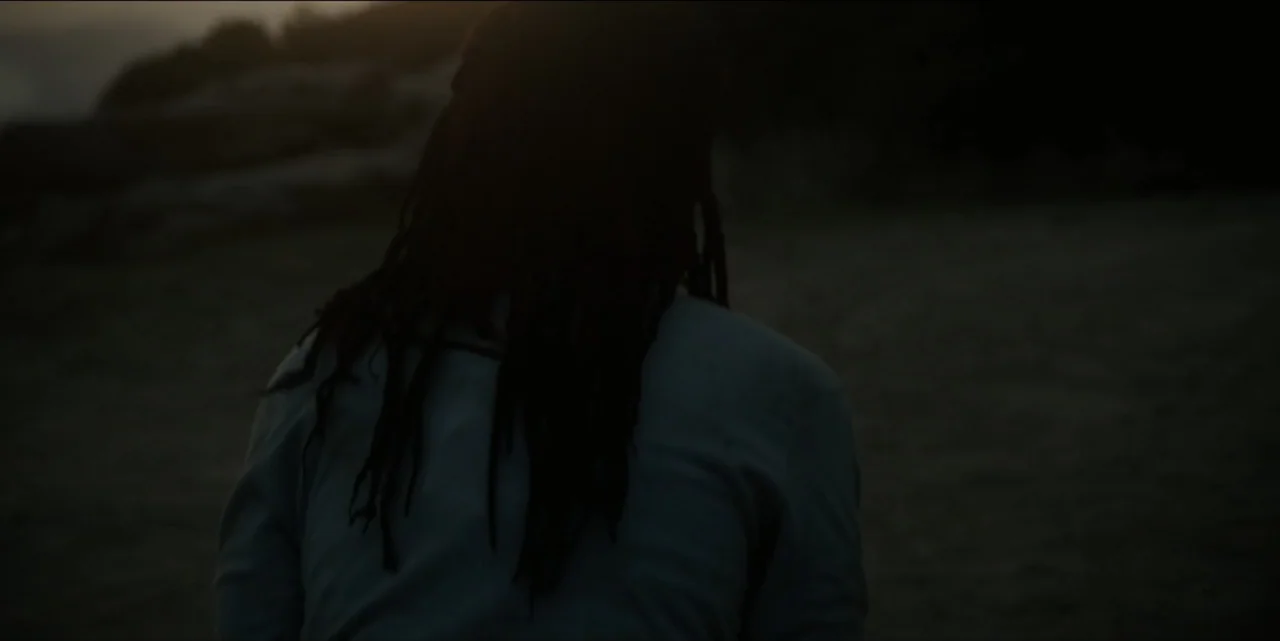 The Hunted (2024) movie still: medium — A dark, uneven terrain is visible under the soft glow of golden hour light. A lone person with long…