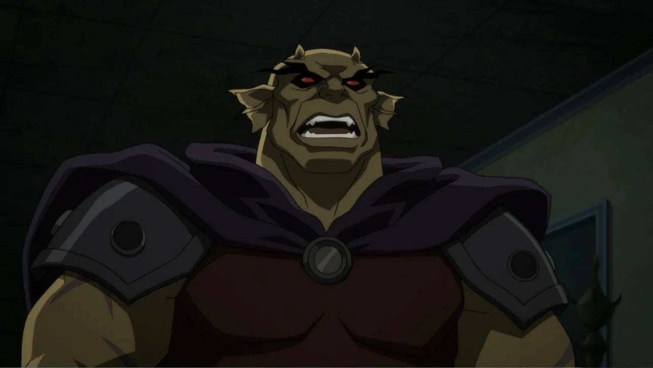 Justice League Dark (2017) movie still: medium — A dimly lit interior space with shadows cast upon a wall. A muscular creature with green skin and…