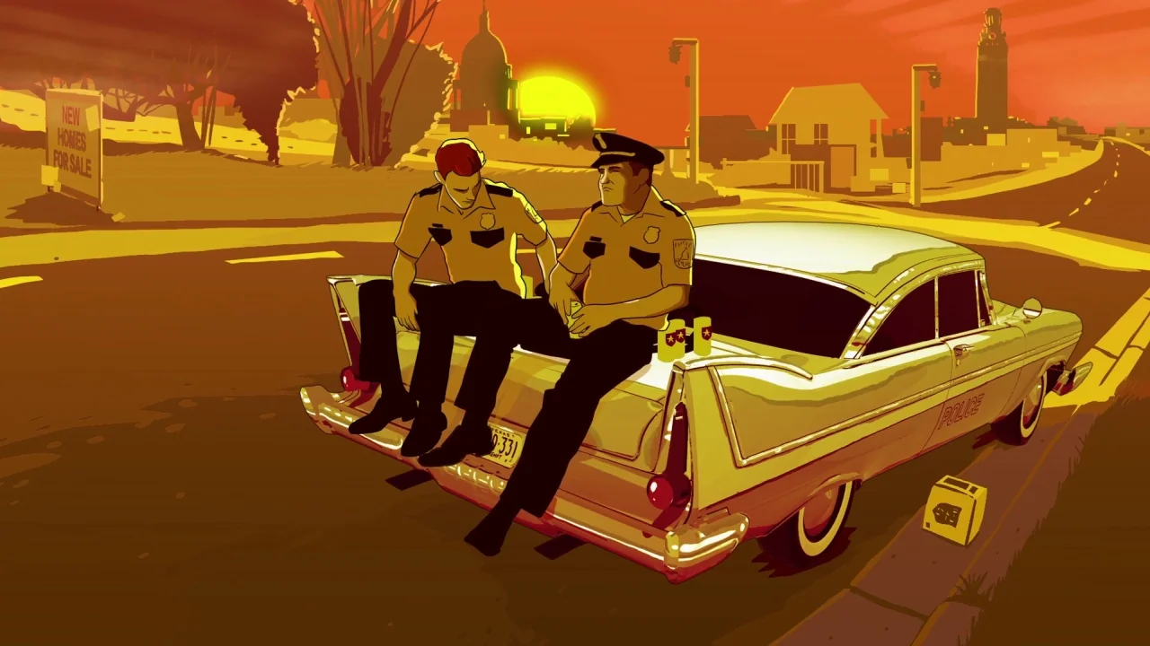 Tower (2016) movie still: wide — A suburban road at sunset with houses and a clock tower in the distance. Two police officers sit on the trunk of a…