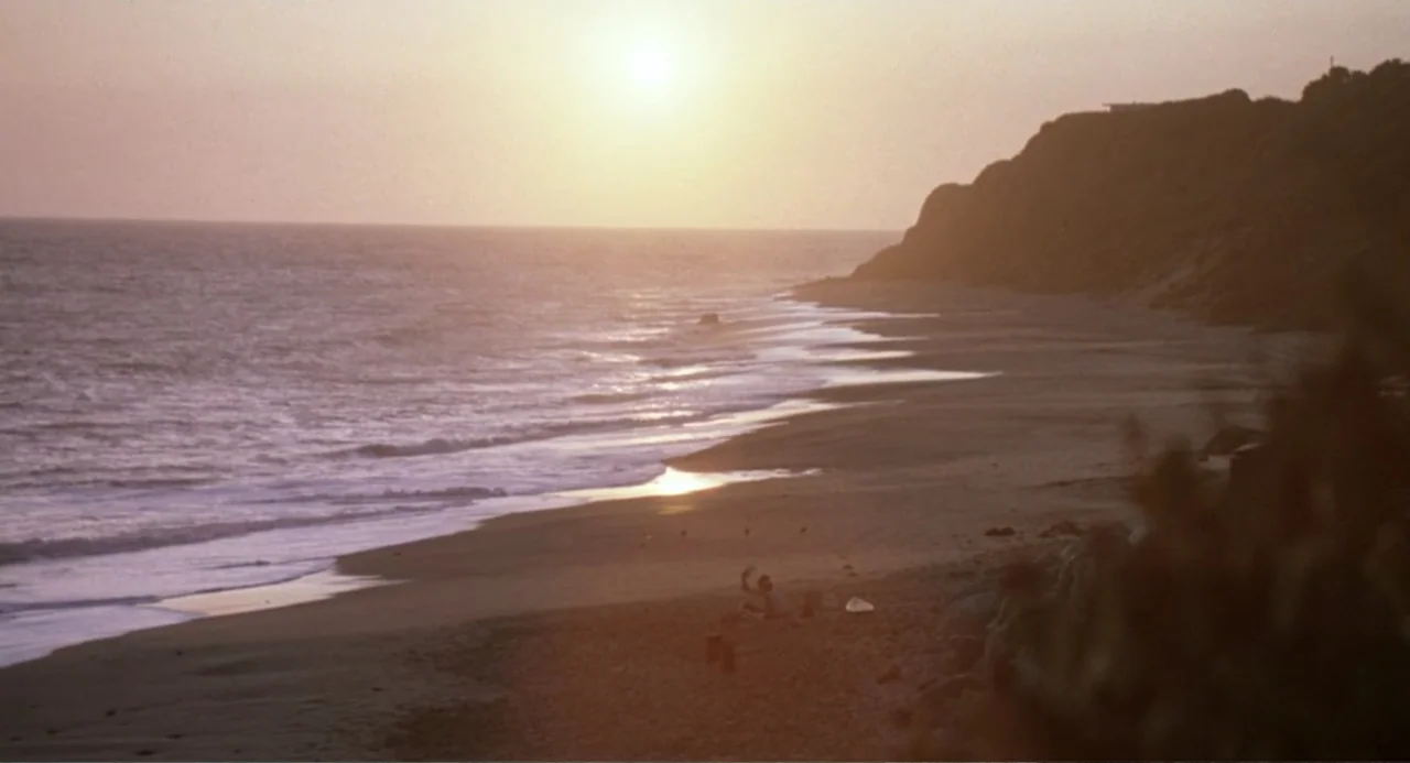 Harry and the Butler (1961) movie still: wide — A wide sandy coastline sits beneath a glowing sun during the golden hour. Rolling waves crash onto…