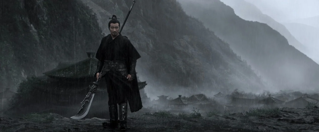Shadow (2018) movie still: fullbody — A rain-drenched rocky landscape overlooks a cluster of traditional structures in a deep valley. A lone warrior…