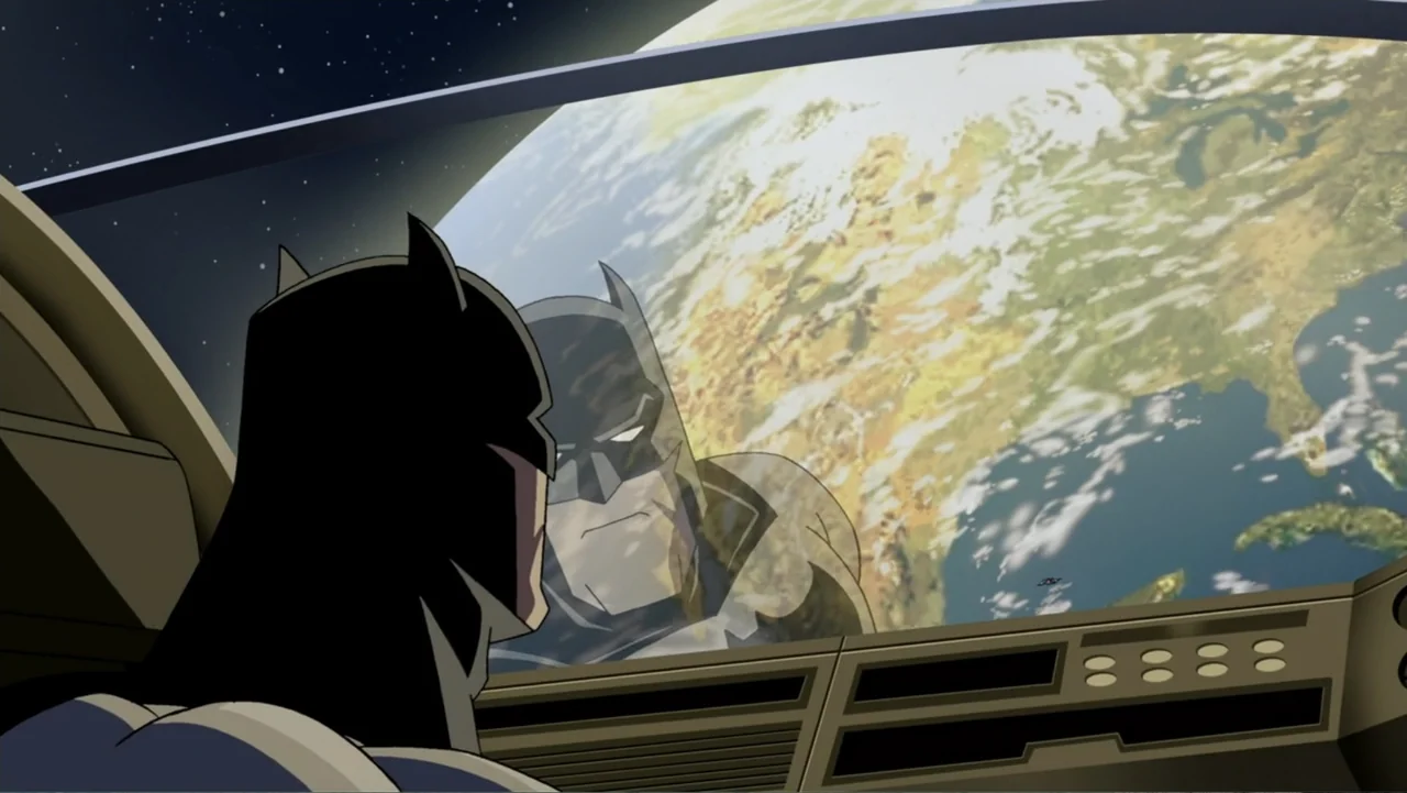 Superman/Batman: Public Enemies (2009) movie still: medium — The interior of a spaceship cockpit features a large window viewing Earth from orbit.…