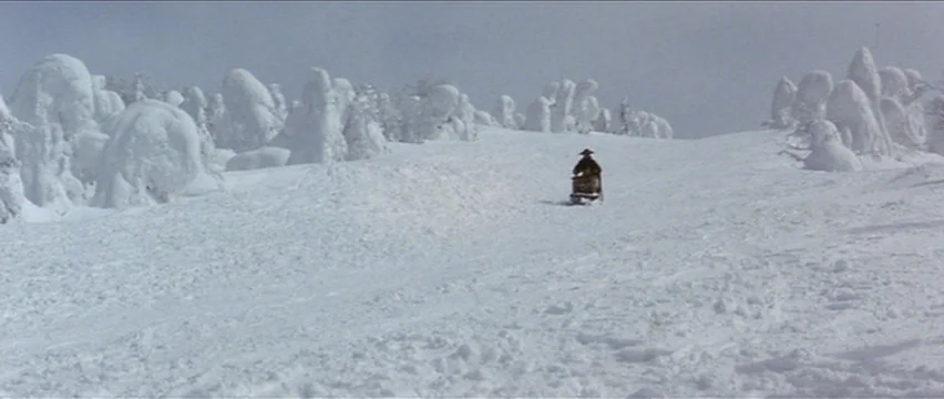 Lone Wolf and Cub: White Heaven in Hell (1974) movie still: wide — A vast, white, snow-covered landscape with thick, rounded snow-laden trees along…