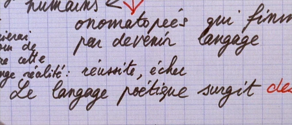 Pierrot Le Fou (Crazy Pete) (1965) movie still: closeup — A sheet of blue-grid graph paper is filled with cursive handwritten French text. Some…