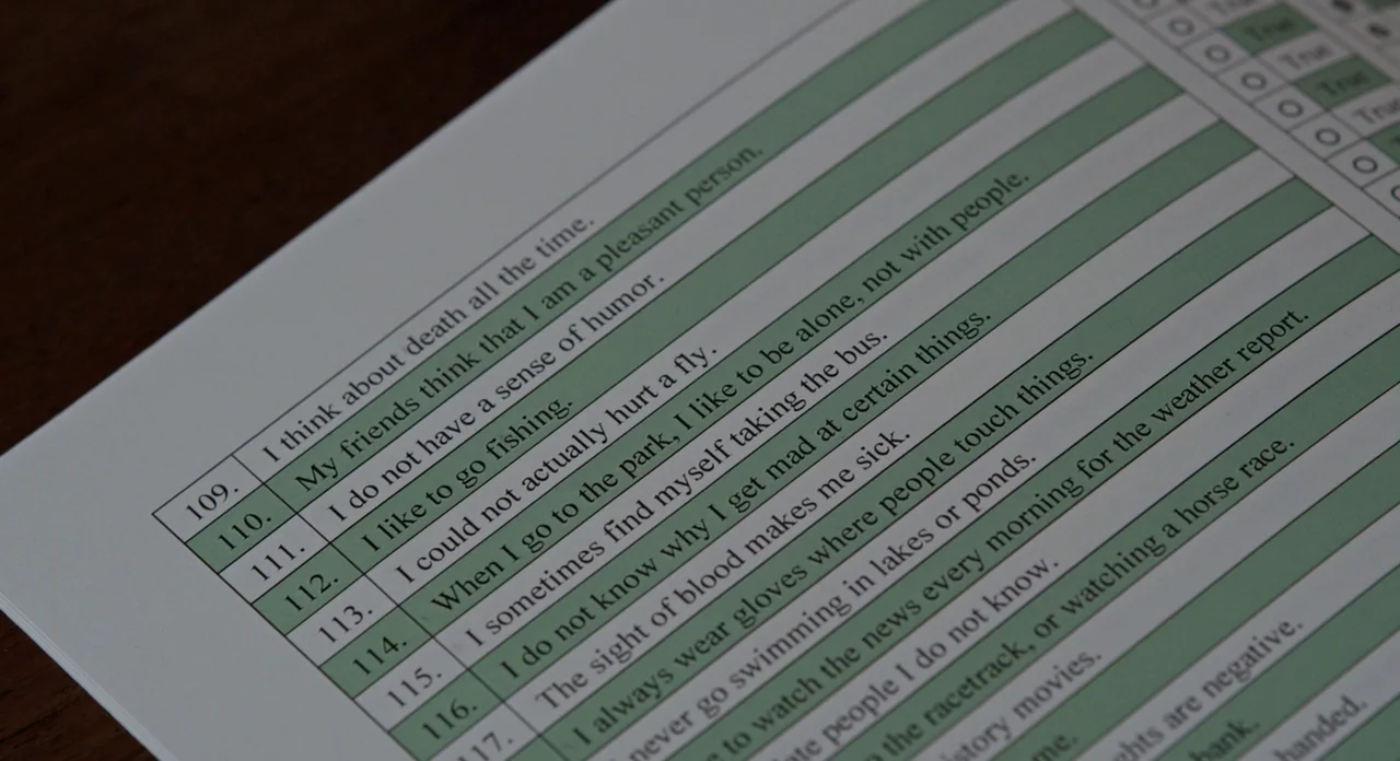 Side Effects (2013) movie still: closeup — A printed psychological survey document features numbered rows with green-highlighted question lines. The…