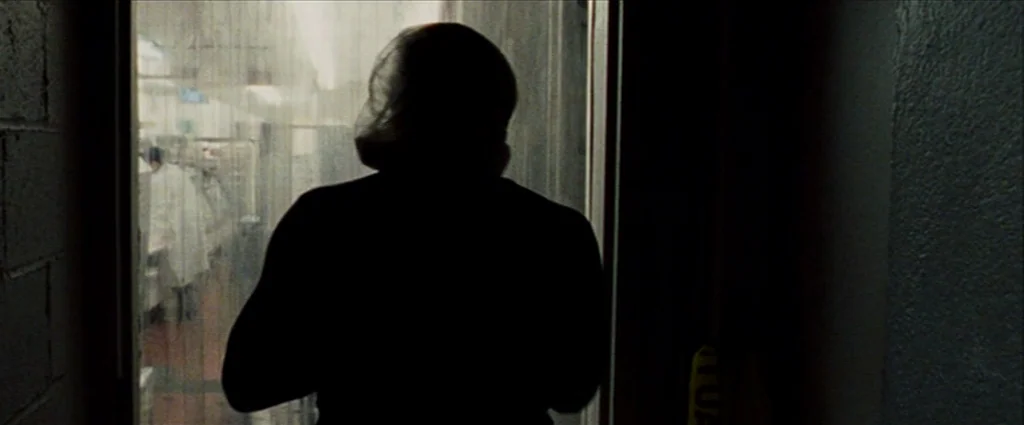 The Wrestler (2008) movie still: medium — A dark, narrow doorway frames a brightly lit, sterile room with a plastic curtain. A person stands in the…