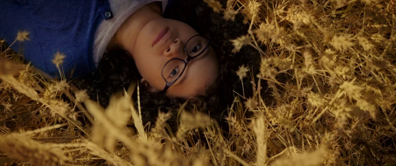 A Wrinkle In Time (2018) movie still: closeup — A dense field of dry, golden wheat stalks surrounds the subject from above. A young woman lies in…